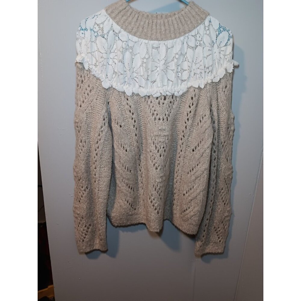 Anthropologie Suzanne Pointelle Lace Neck Inset Large Wool Alpaca Boho Sweater
